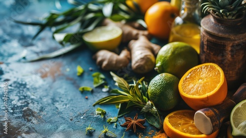 Fresh citrus fruits with herbs and spices on a blue backdrop