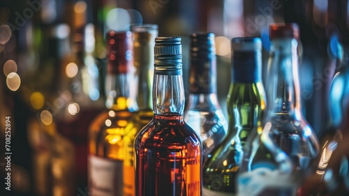 Assorted liquor bottles on a bar shelf, softly lit photo