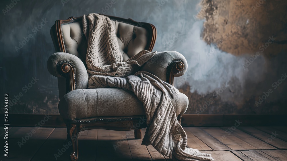 Classic armchair with a knitted throw in a moody vintage room