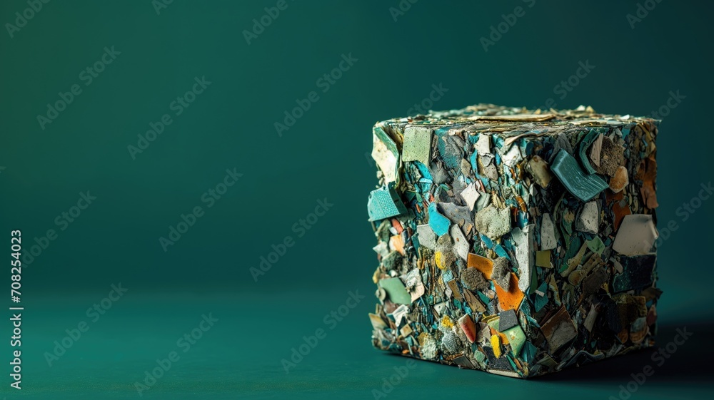 Obraz premium A cube composed of colorful recycled materials on a teal background