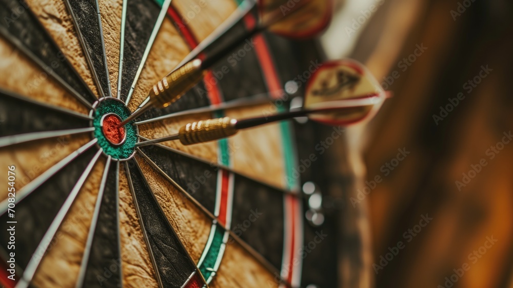 Darts hit the bullseye in a close game on a dartboard Darts hit the bullseye in a close game on a dartboard