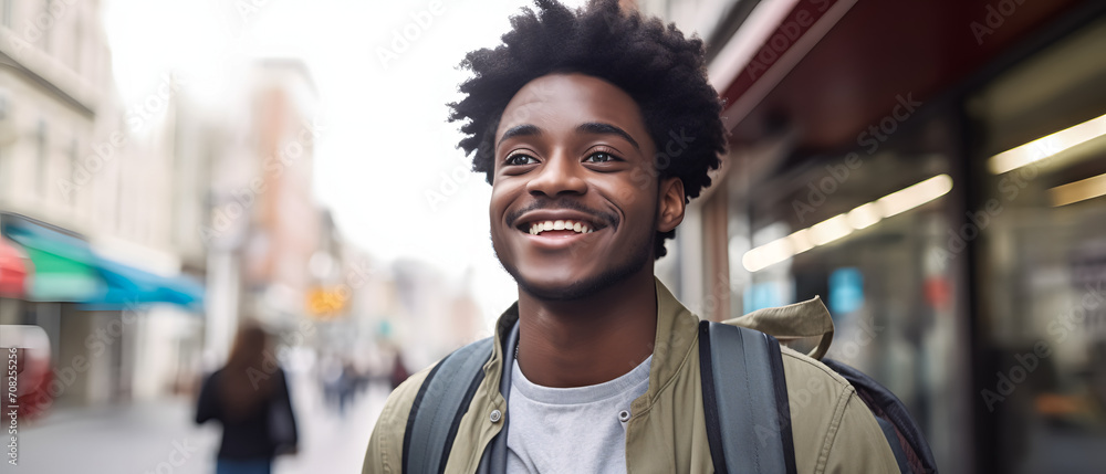 Fototapeta premium an african american man beaming with happiness, while walking through the city