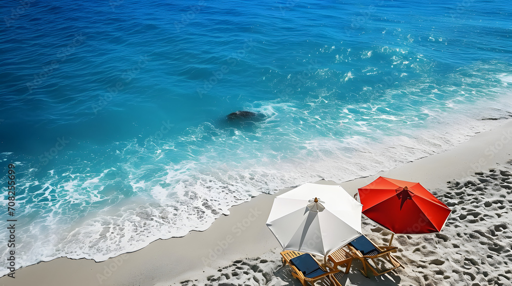 right sunbathing and red umbrellas on the beach