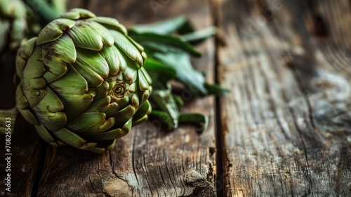 A single artichoke on a textured wooden table