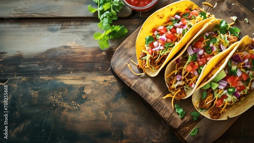 Crunchy tacos with toppings on a rustic wooden surface photo