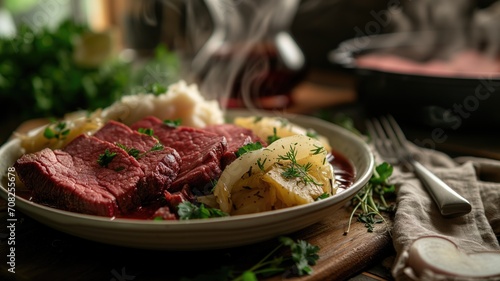Succulent corned beef and cabbage with potatoes, steaming hot photo