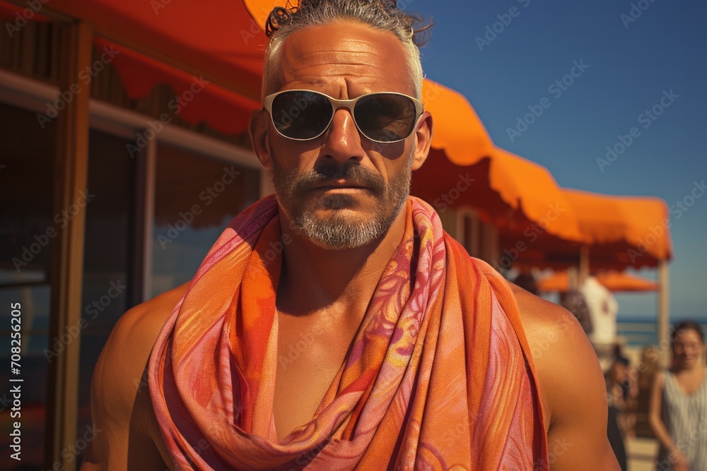 Photo Realistic of a Man in Swim Trunks and a Beach Towel Draped Over His Shoulder, Generative AI