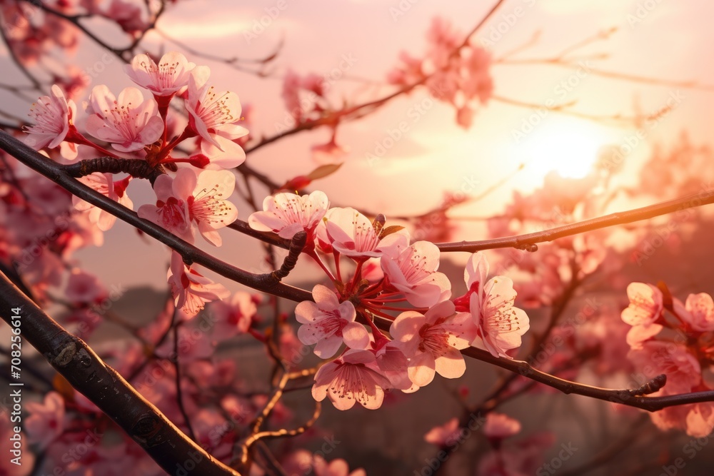 Blossoming branches against orange sunset and still water Blossoming branches against orange sunset and still water
