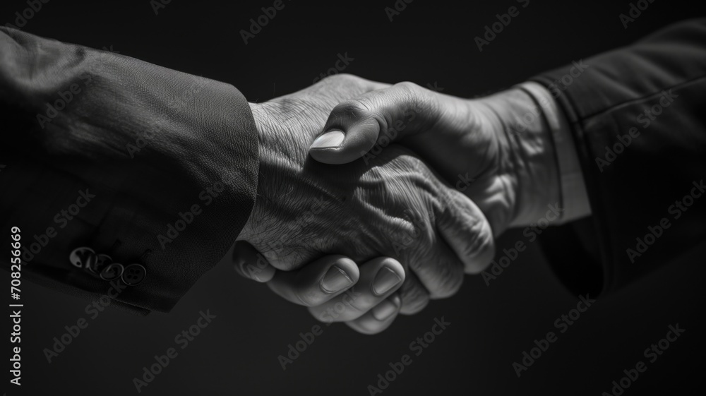 Black and white close-up of a firm handshake