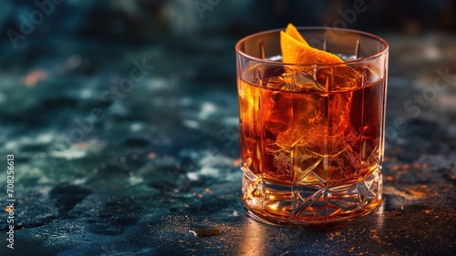 An old-fashioned cocktail with ice and an orange twist on a dark surface