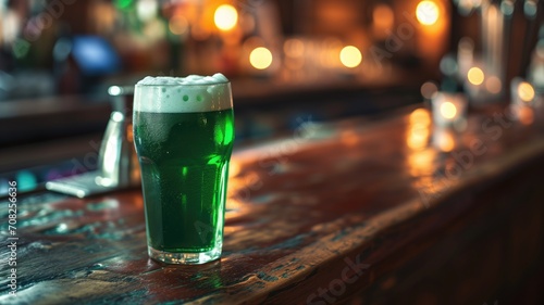 Green beer pint on a bar with blurred background lights photo