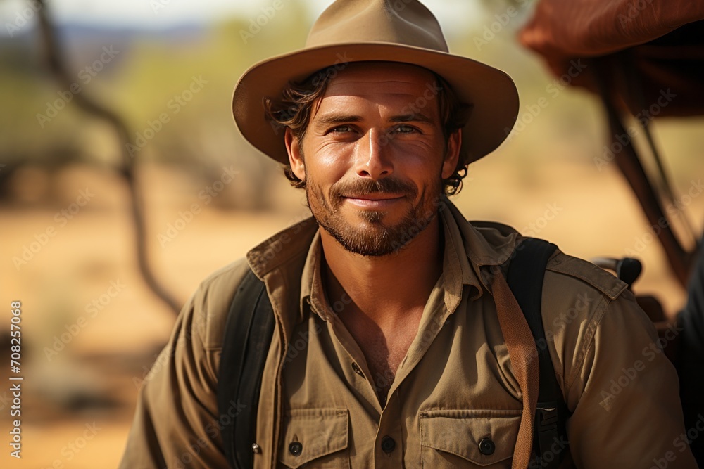 Photo Realistic of a Man on a Safari in Khaki Shorts and a Safari Shirt, Generative AI