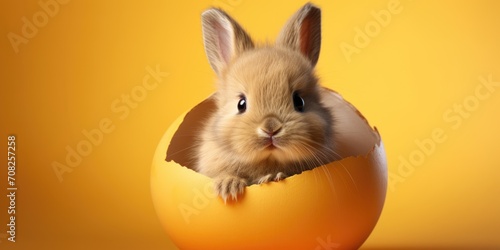Bunny hatching from Easter egg on yellow background.