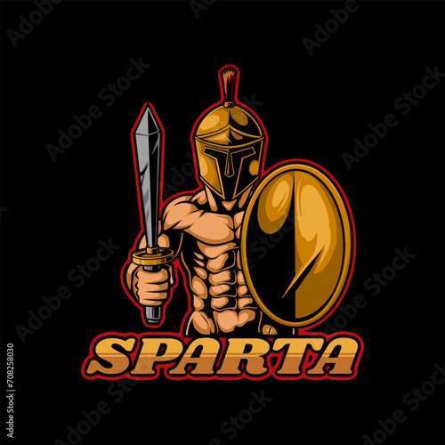 Spartan with a sword. Ancient Greek warrior, gold armor, hoplite, Corinthian helmet, soldier, shield. Vector illustration
 (ID: 708258030)