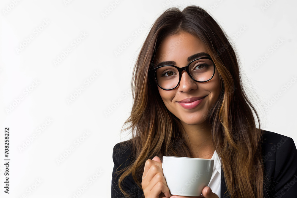 A businesswoman holding a cup of coffee isolated on a white background A businesswoman holding a cup of coffee isolated on a white background