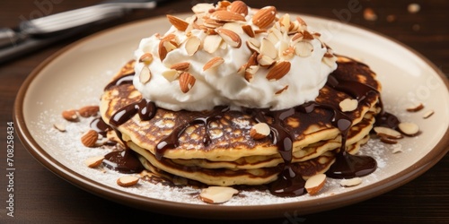 A topdown view capturing a plate full of chocolate chip pancakes, topped with a dollop of whipped cream and a sprinkling of crushed almonds to add a delightful crunch.