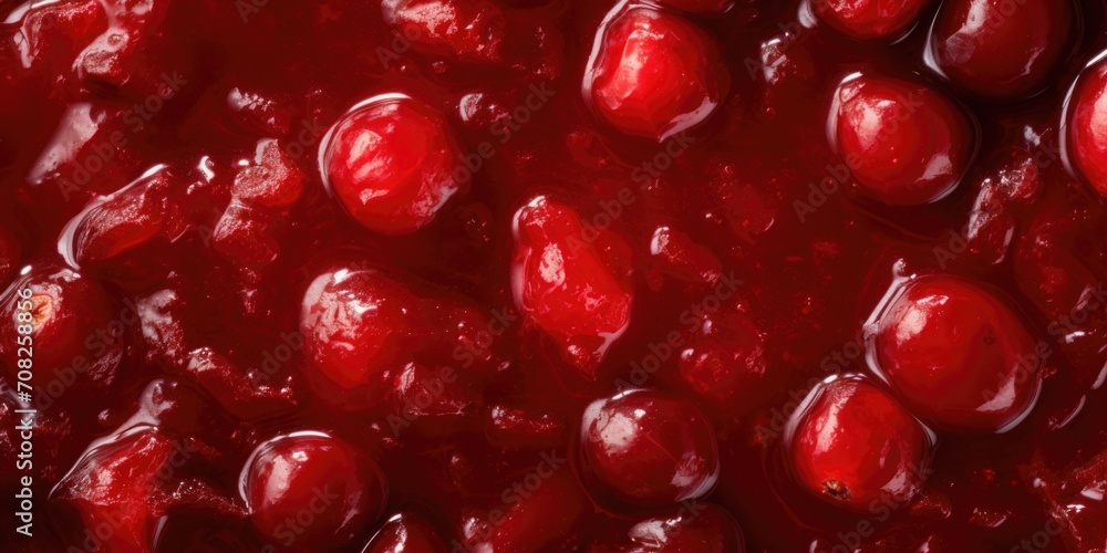 An overhead shot beautifully renders the cranberry sauce in its natural state, capturing the slight dimples and textures of the whole, intact cranberries.