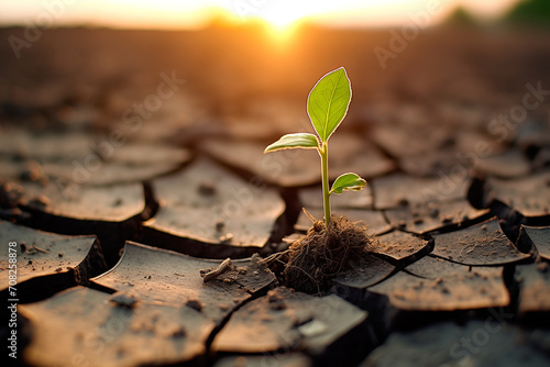 
A small sprout growing from a crack in dry soil at sunset.