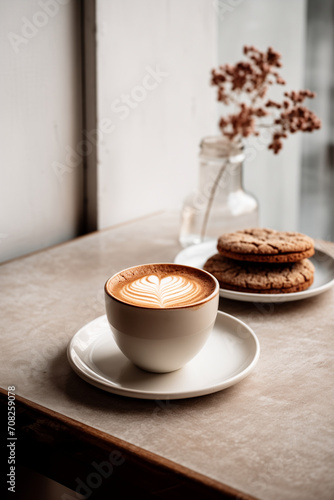 Cafe Latte Art with Cookies On White Plate, Table with Flowers In Vase Next to Window Corner Composition. Natural Light and Shadow, Minimalist Photo. Minimal Interior. Food photography. Rustic Style.