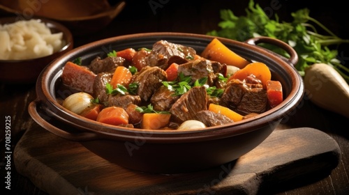 A captivating shot captures the essence of a homemade lamb stew, showcasing tender meat enveloped in a thick, fragrant sauce made from a medley of slowcooked vegetables, creating a delightful