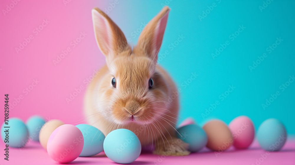 Easter bunny with colorful eggs. Gradient pink blue background with copy space. Pastel colors. Minimal concept of celebrating Easter holiday Easter bunny with colorful eggs. Gradient pink blue background with copy space. Pastel colors. Minimal concept of celebrating Easter holiday