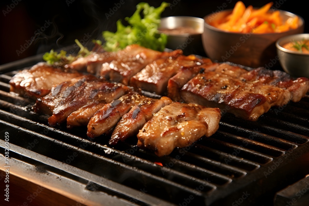 Samgyeopsal, thick slices of pork belly grilled to perfection at the table