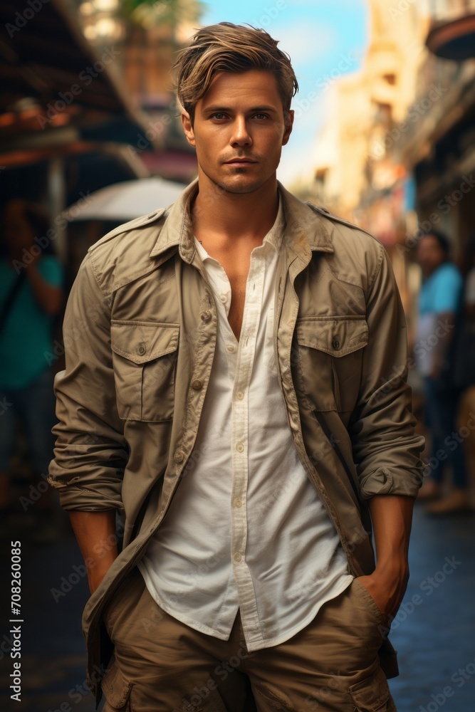 Photo Realistic of a Traveler in a Casual Linen Shirt and Cargo Shorts, Generative AI Photo Realistic of a Traveler in a Casual Linen Shirt and Cargo Shorts, Generative AI