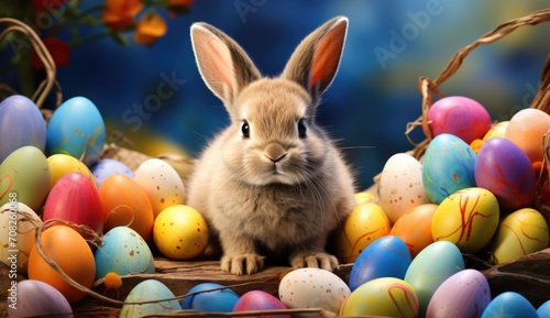 Rabbit among Easter eggs with blooming garden