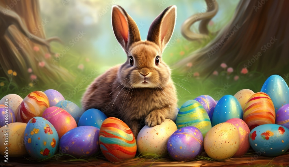 Rabbit with Easter eggs in garden