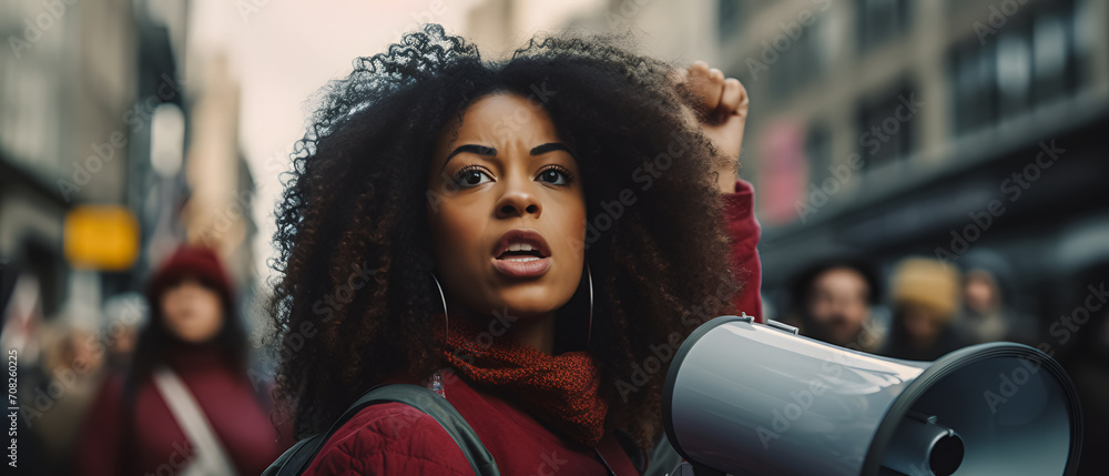 Demonstrating a powerful presence, an African American woman with a focused gaze marches and protests in the city, embodying a commitment to change. - obrazy, fototapety, plakaty 