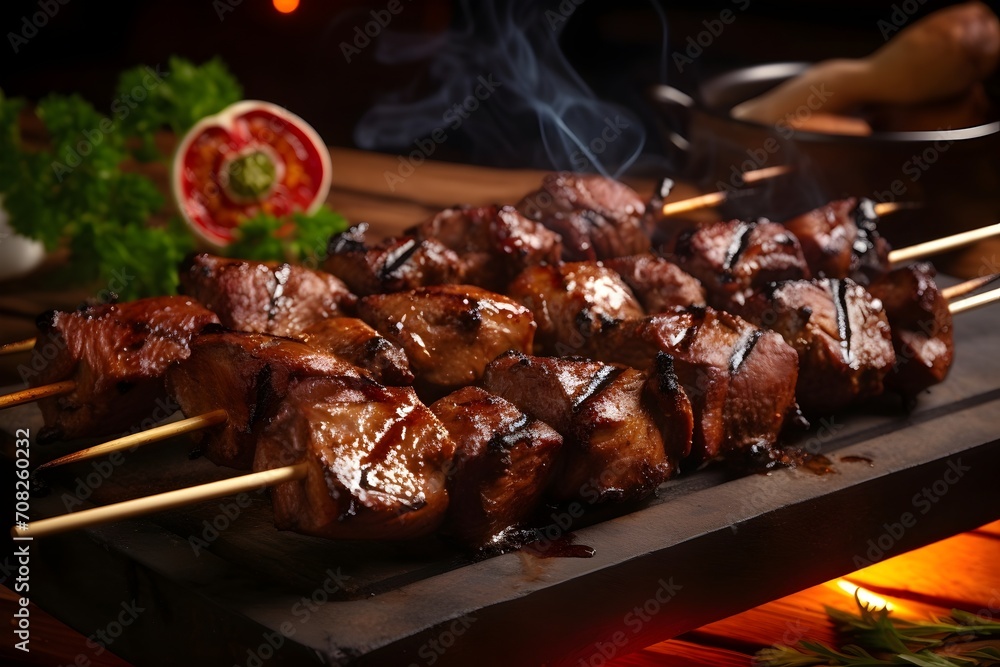 Shashlik, marinated and grilled skewers of meat, a popular Russian barbecue dish