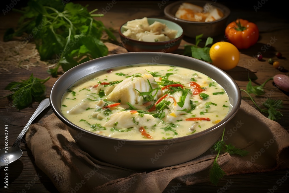 Smoked haddock chowder, a creamy soup filled with smoked haddock, potatoes, and vegetables,