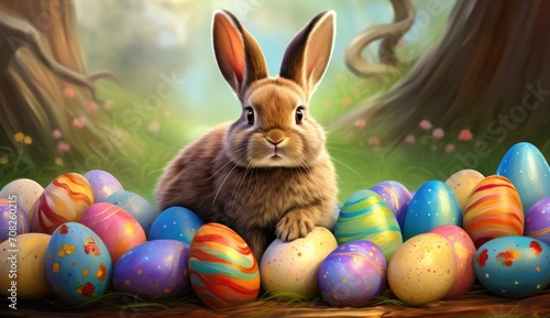 Rabbit with Easter eggs in garden