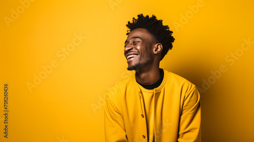 Against a lively yellow advertising setting, a young African American man showcases a big, cheerful smile. © Jess rodriguez