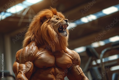 Portrait of a strong roaring male lion in a gym. Bodybuilding concept.