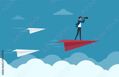Business leadership concept. Confident businessman forecasting strategy solution with spyglass flying on paper planes. teamwork, growth and progress to be success