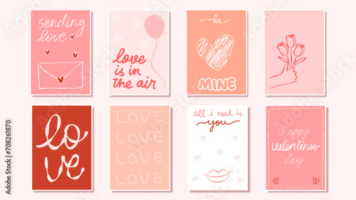 set of handdrawn valentines day greeting card vector illustration
