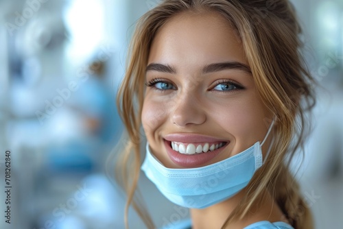 Dental care banner with a beautiful healthy smile of a young woman photo