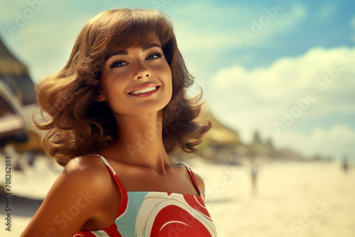 Beautiful smiling young woman on the beach. 1960s. Copy space. 