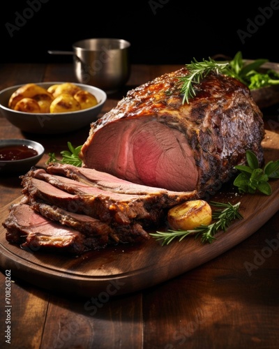 A visual feast unfolds as you immerse yourself in the marvels of this slowroasted leg of lamb, its goldenbrown exterior revealing tender, moist, and perfectly seasoned meat within. photo