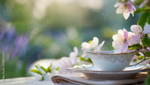 a spring-inspired table setting showcasing a profusion of blooming flowers  vintage china  and soft pastel linen transports viewers to a garden oasis.a blank space for text  advertising banner 