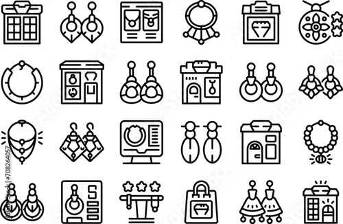 Handmade jewelry store icons set outline vector. Shop icon process. Gold woman