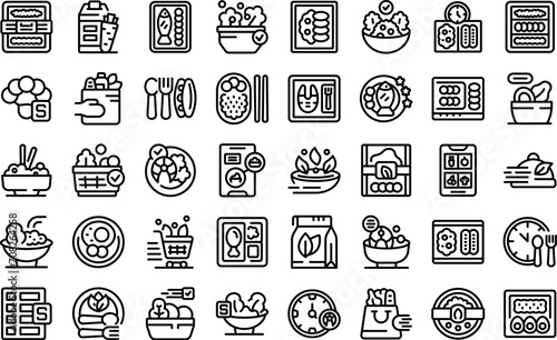Healthy meal delivery icons set outline vector. Food house. Box chef man