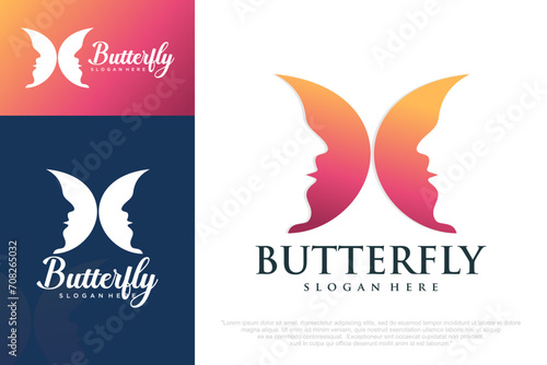 beauty icon set logo design .Woman face in butterfly wings shape. Vector illustration