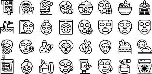 Face mask spa icons set outline vector. Facial sheet pack. Cosmetic care