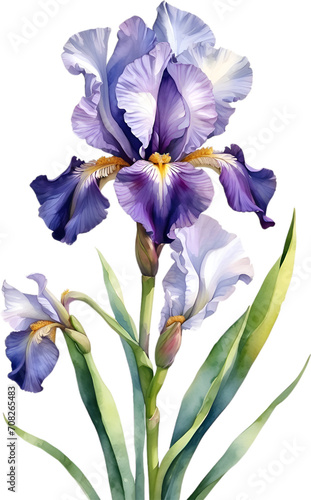 Watercolor painting of Bearded Iris flower. 