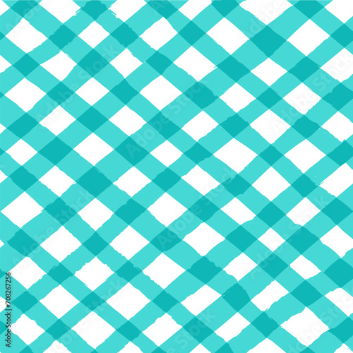 Vector seamless repeat pattern with bright aqua teal bias gingham check plaid with grunge torn edges. Coastal, beach, swim, tropical projects. 