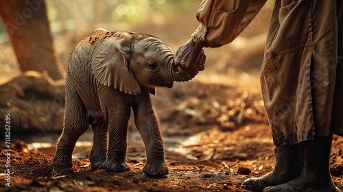 Heartfelt Embrace: Human Hands Cradle Baby Elephant in a Touching Bond