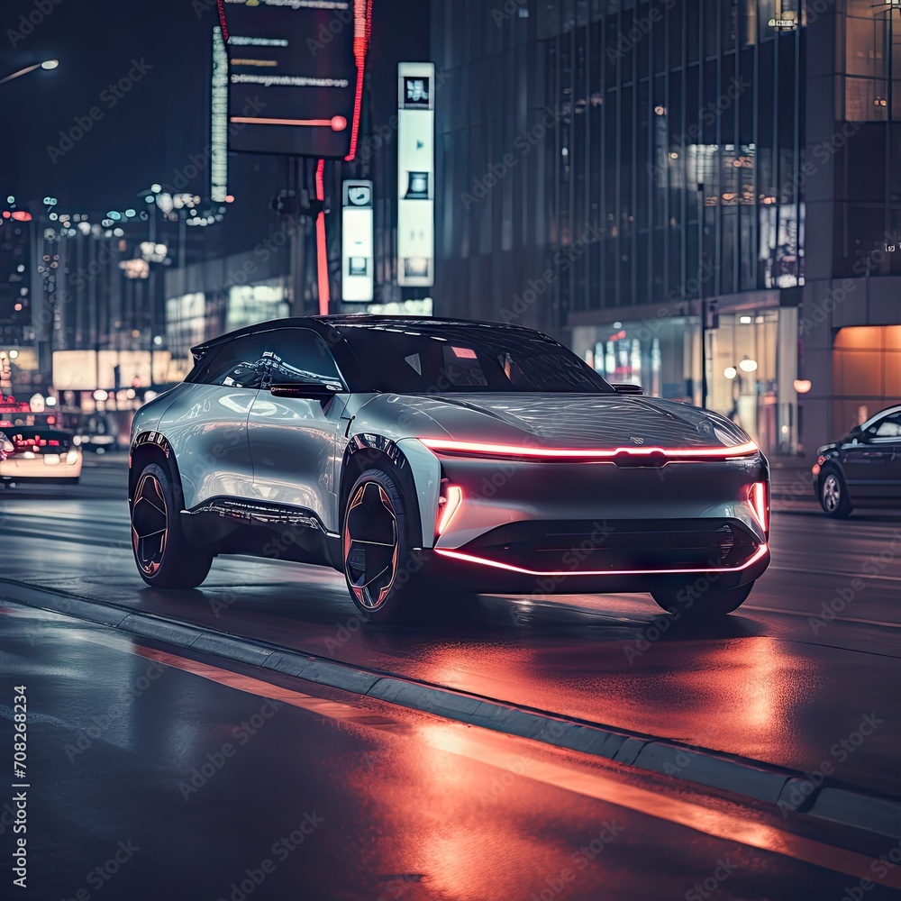 An electric SUV driving through a futuristic city at night created with Generative AI Technology