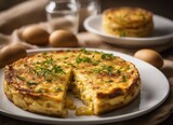 Spanish Omelette with herbs and eggs on a wooden background. Selective focus.